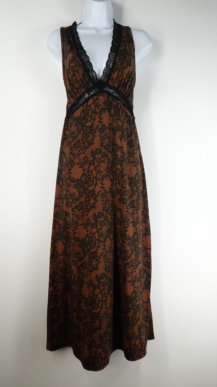 Earthbound Trading Co Dress Women M Brown Black Lace Print Maxi Goth Whimsy